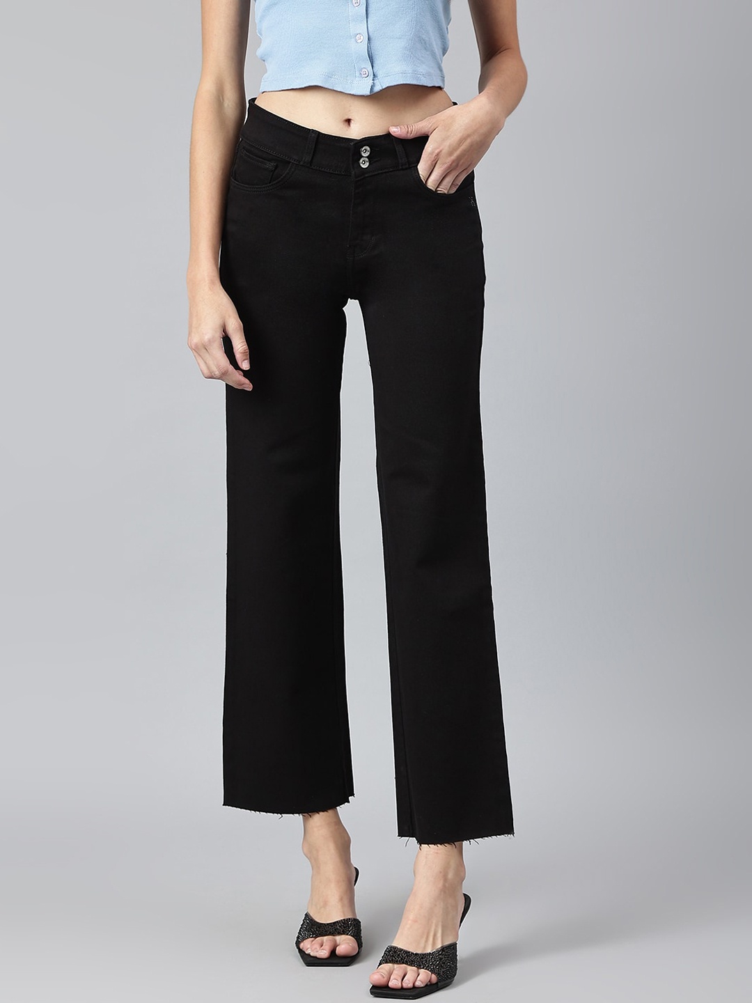 

Xpose Women Black Comfort Wide Leg High-Rise Stretchable Jeans