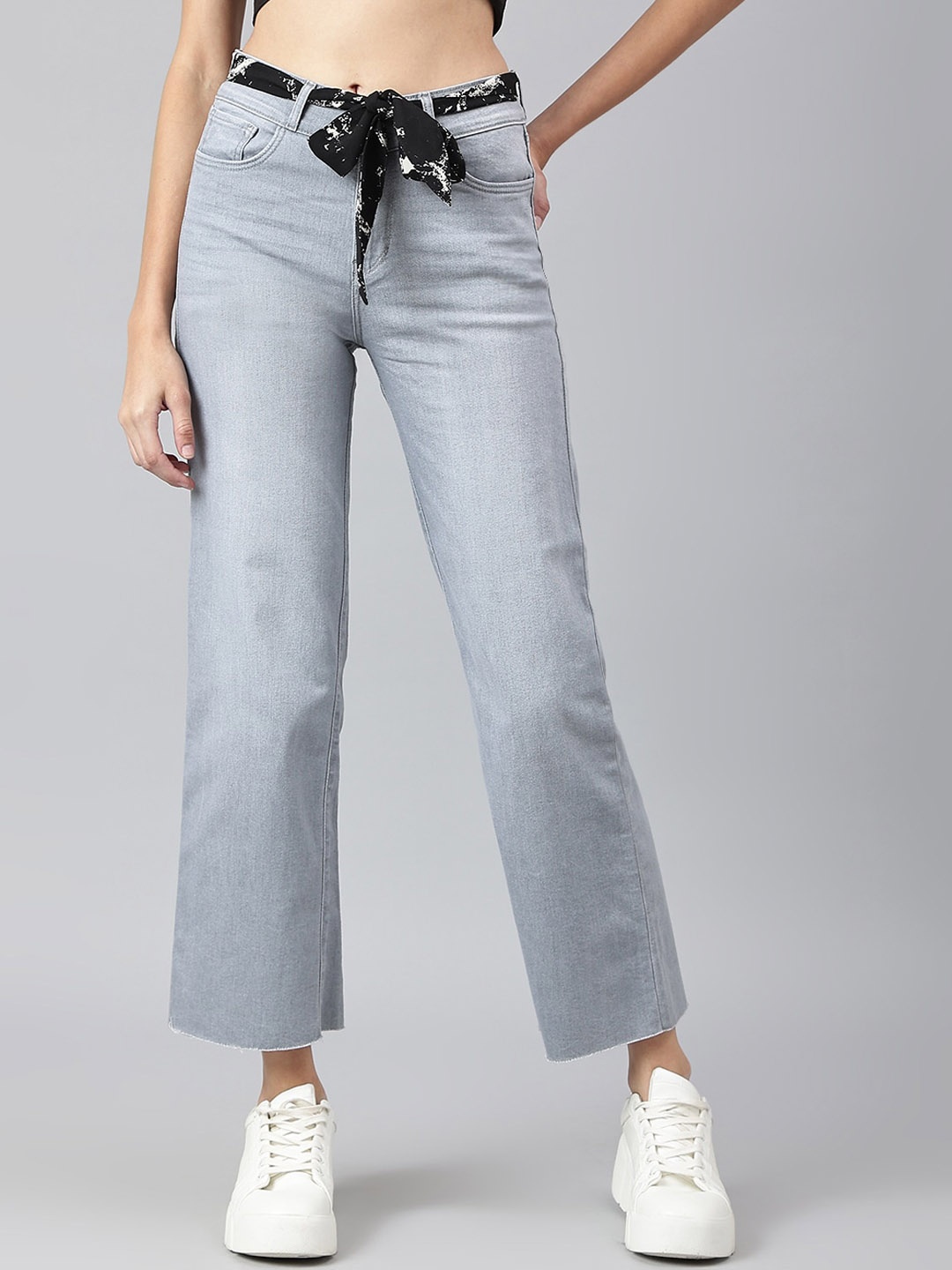 

Xpose Women Grey Comfort Wide Leg High-Rise Stretchable Jeans With Satin Belt