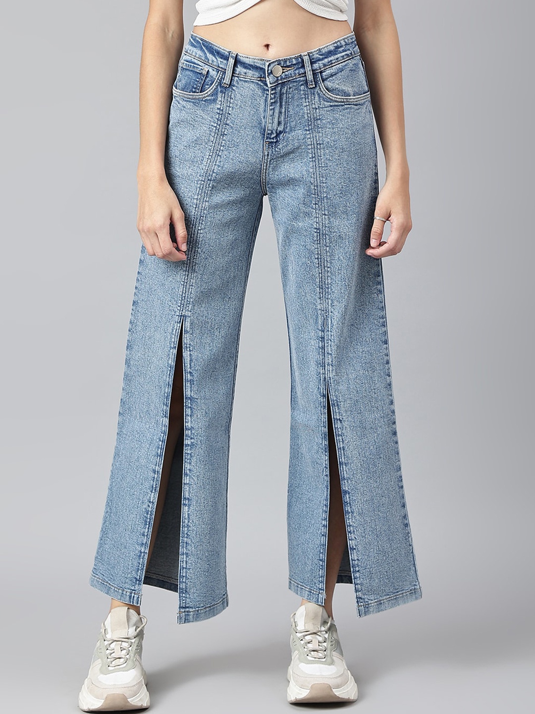 

Xpose Women Blue Comfort Wide Leg High-Rise Heavy Fade Stretchable Jeans