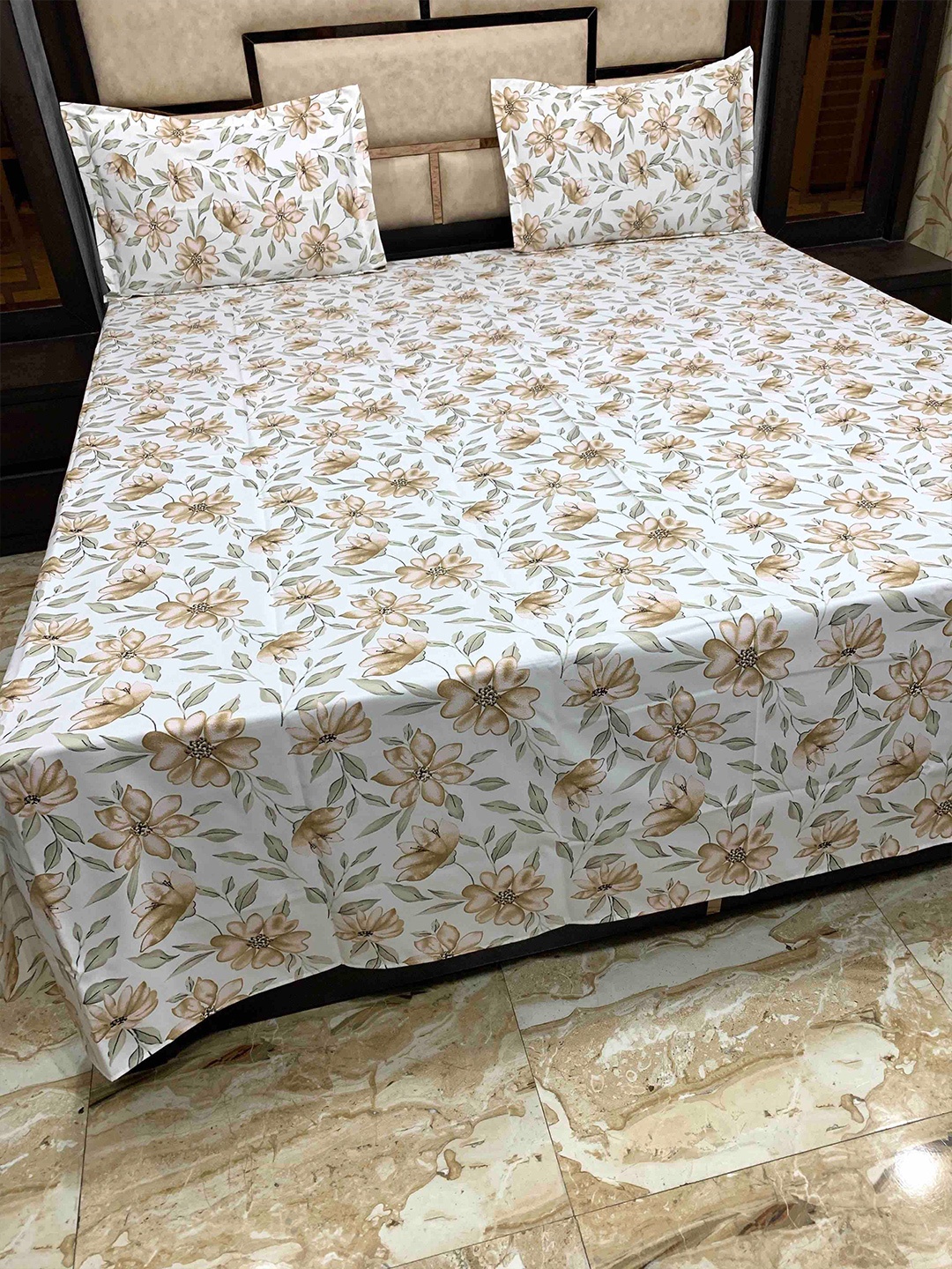 

Pure Decor Brown & Grey Floral 300 TC Queen Pure Cotton Bedsheet with 2 Pillow Covers