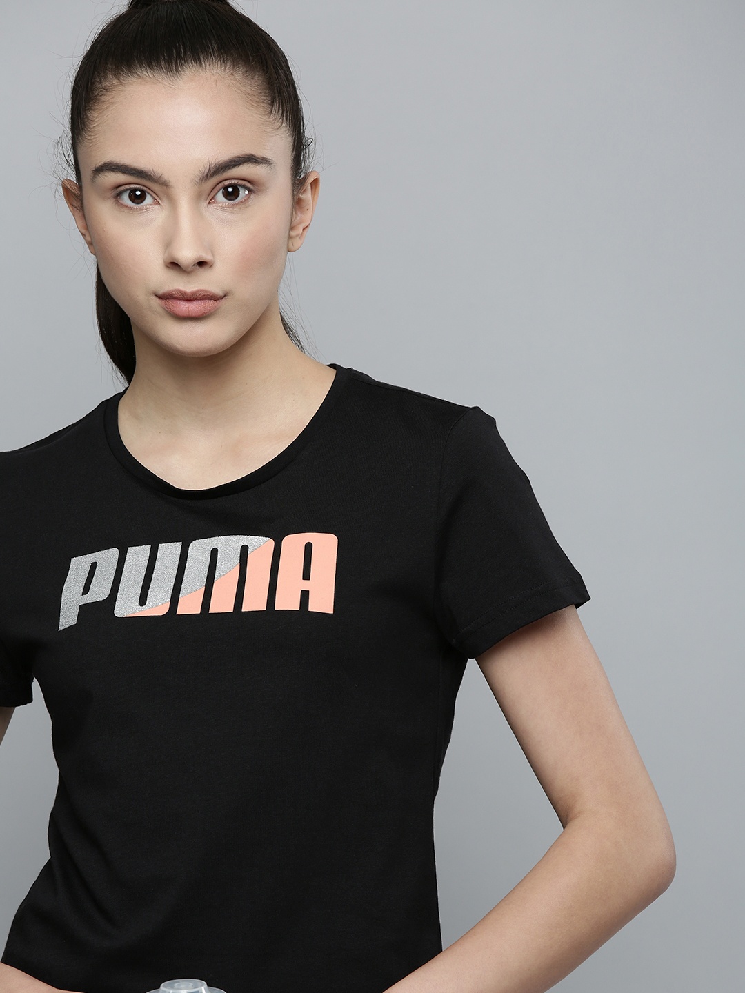 

Puma Women Black Brand Logo Printed Pure Cotton T-shirt