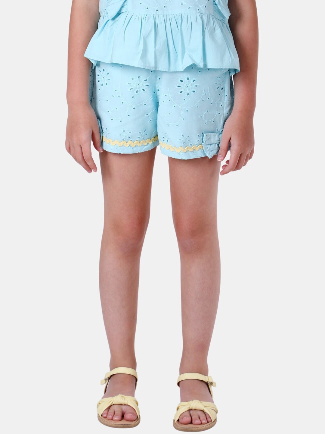 

One Friday Girls Blue Schiffli Embellished Cotton Shorts