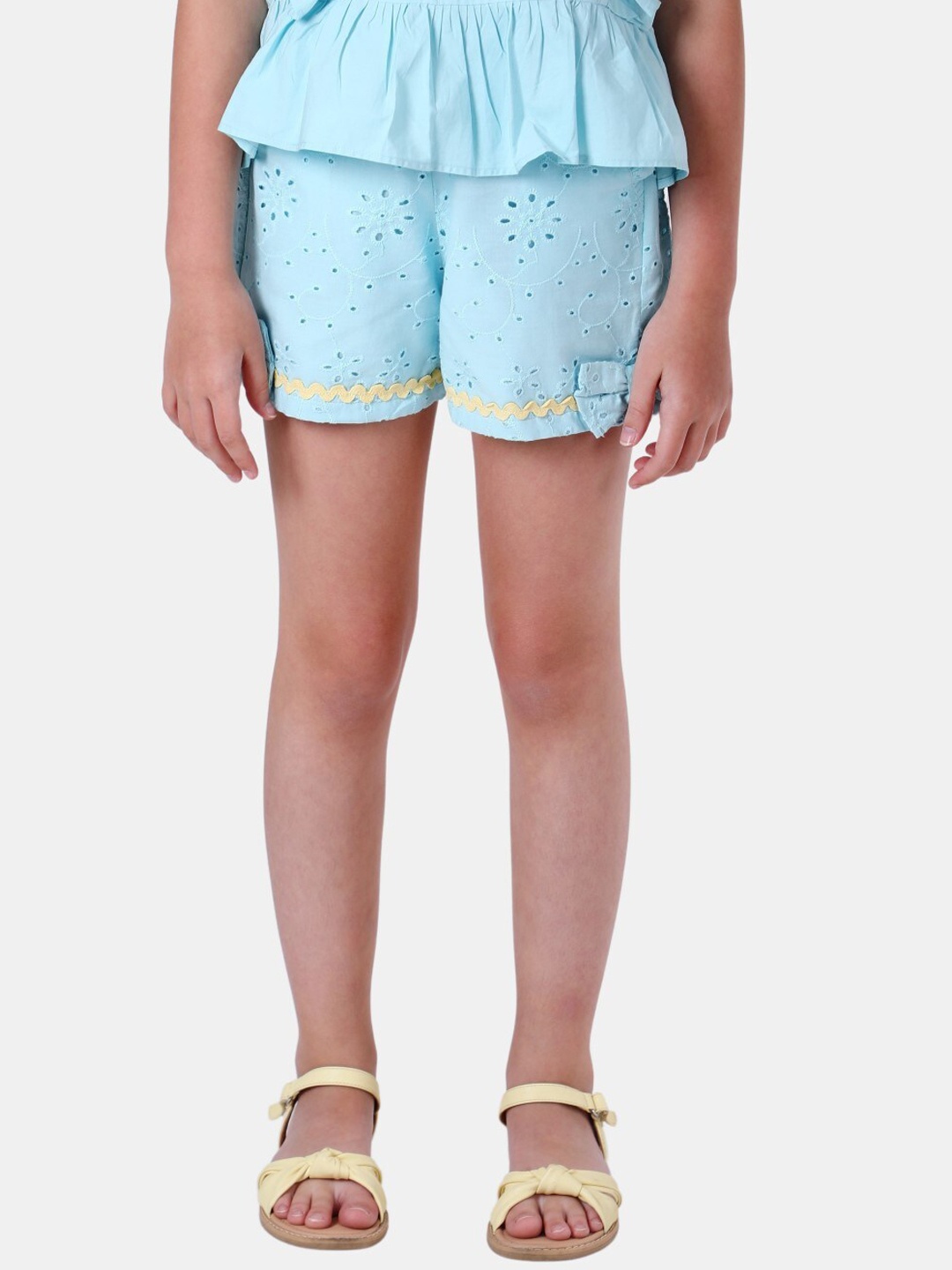 

One Friday Girls Blue Schiffli Embellished Cotton Shorts