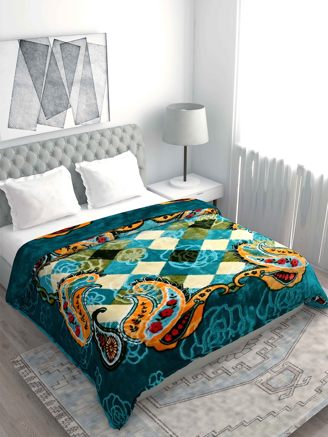 

Spangle Green & Orange Floral Microfiber Heavy Winter 500 GSM Double Bed Blanket