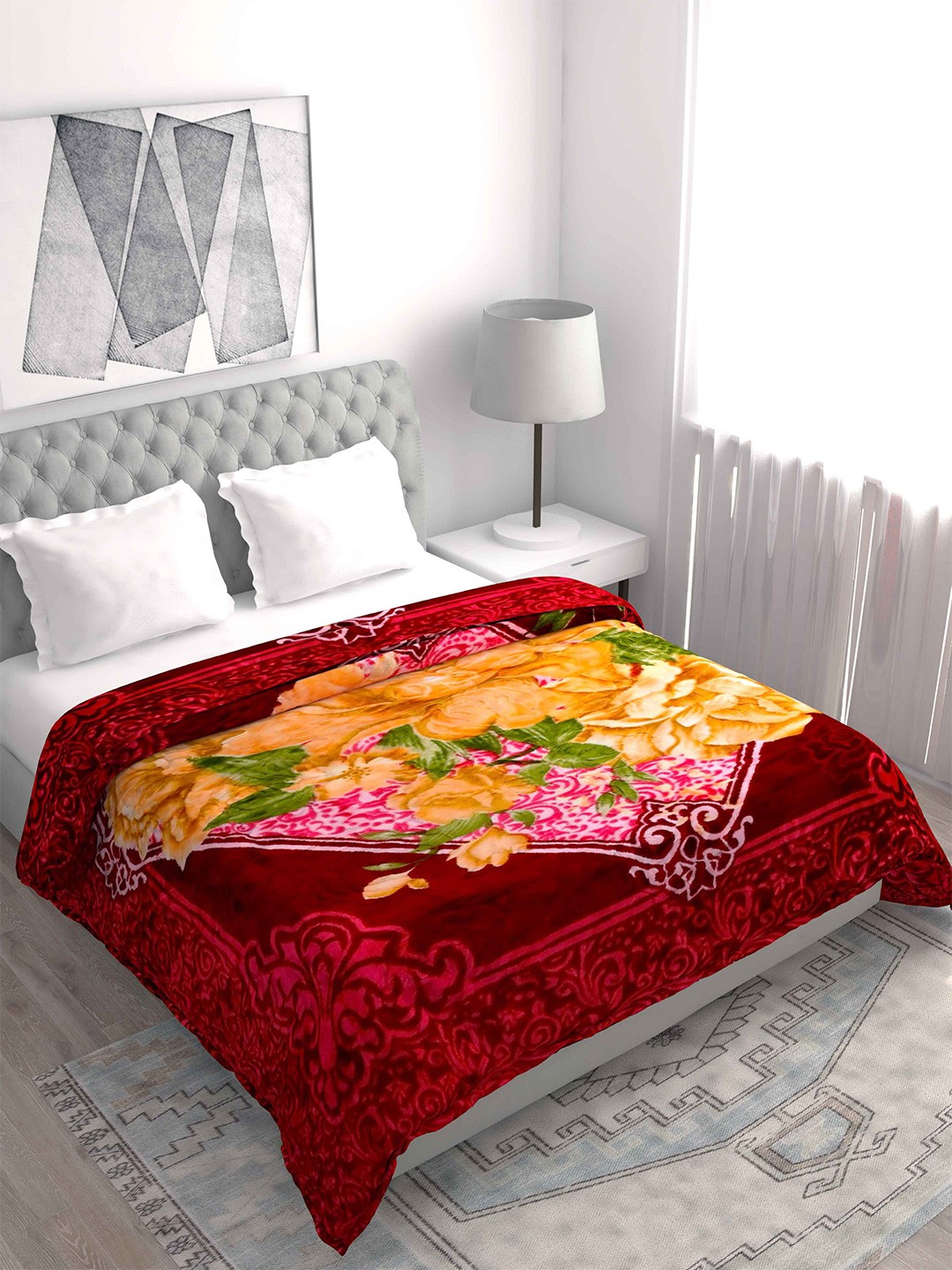 

Spangle Maroon & Green Floral Microfiber Heavy Winter 500 GSM Double Bed Blanket