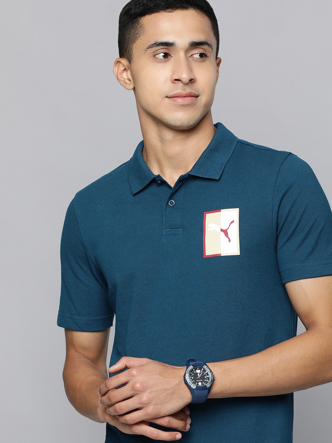 

Puma Men Blue Brand Logo Printed Polo Collar Slim Fit T-shirt