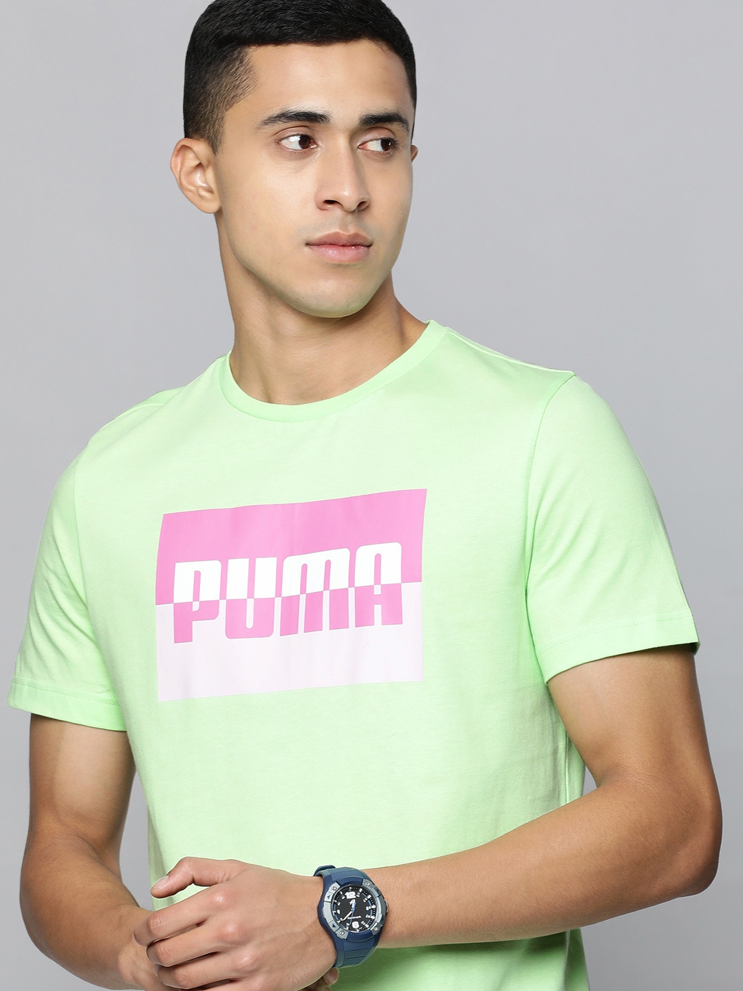 

Puma Men Green & Pink Printed Slim Fit Pure Cotton T-shirt