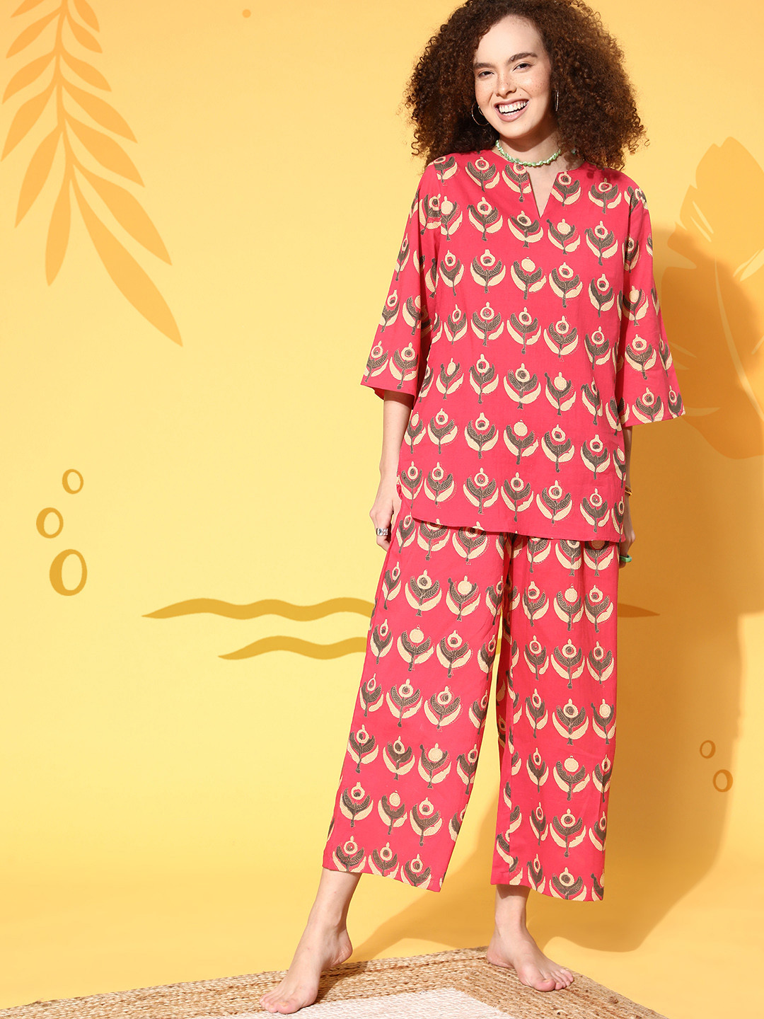 

Katn India Women Coral & Yellow Printed Cotton Night suit