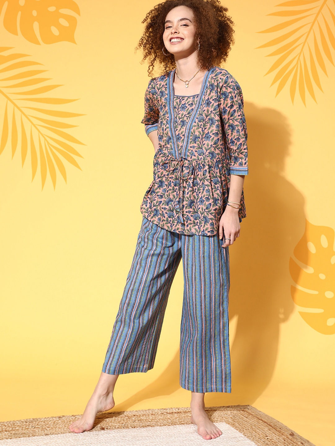 

Katn India Women Beige & Blue Printed Cotton Night suit