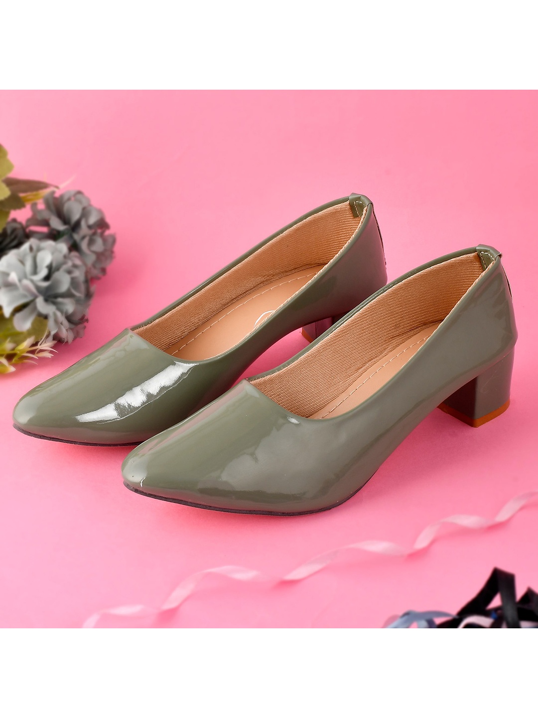 

Padvesh Women Olive Green Solid Block Pumps