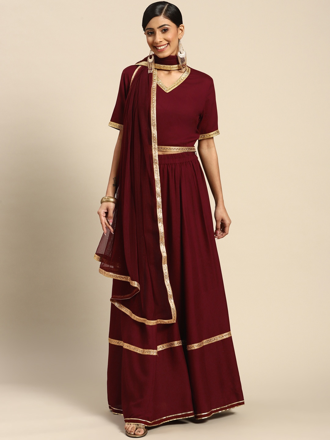 

Sangria Maroon Ready to Wear Lehenga & Blouse With Dupatta