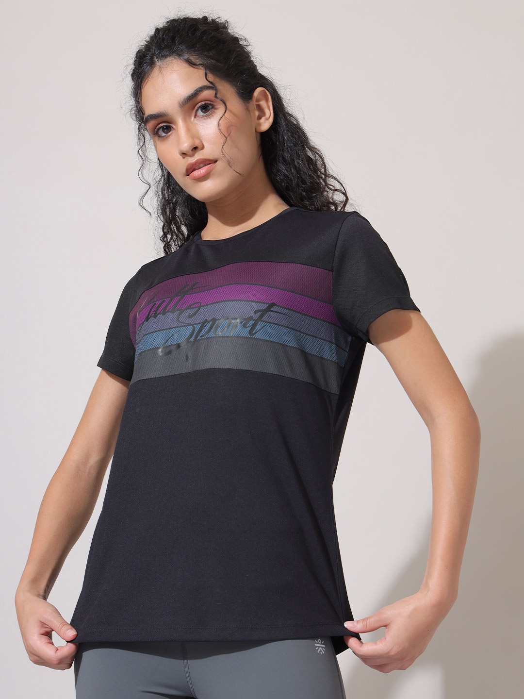 

CULT Women Black & Multicoloured Typography Striped T-shirt