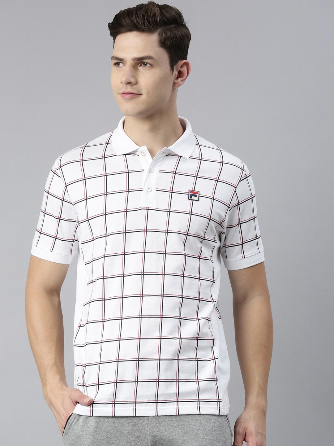

FILA Men White Checked Polo Collar Monochrome Pure Cotton T-shirt