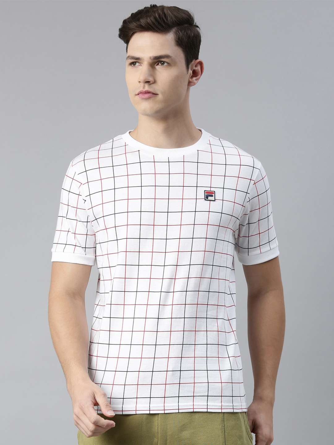 

FILA Men White Checked Pure Cotton T-shirt