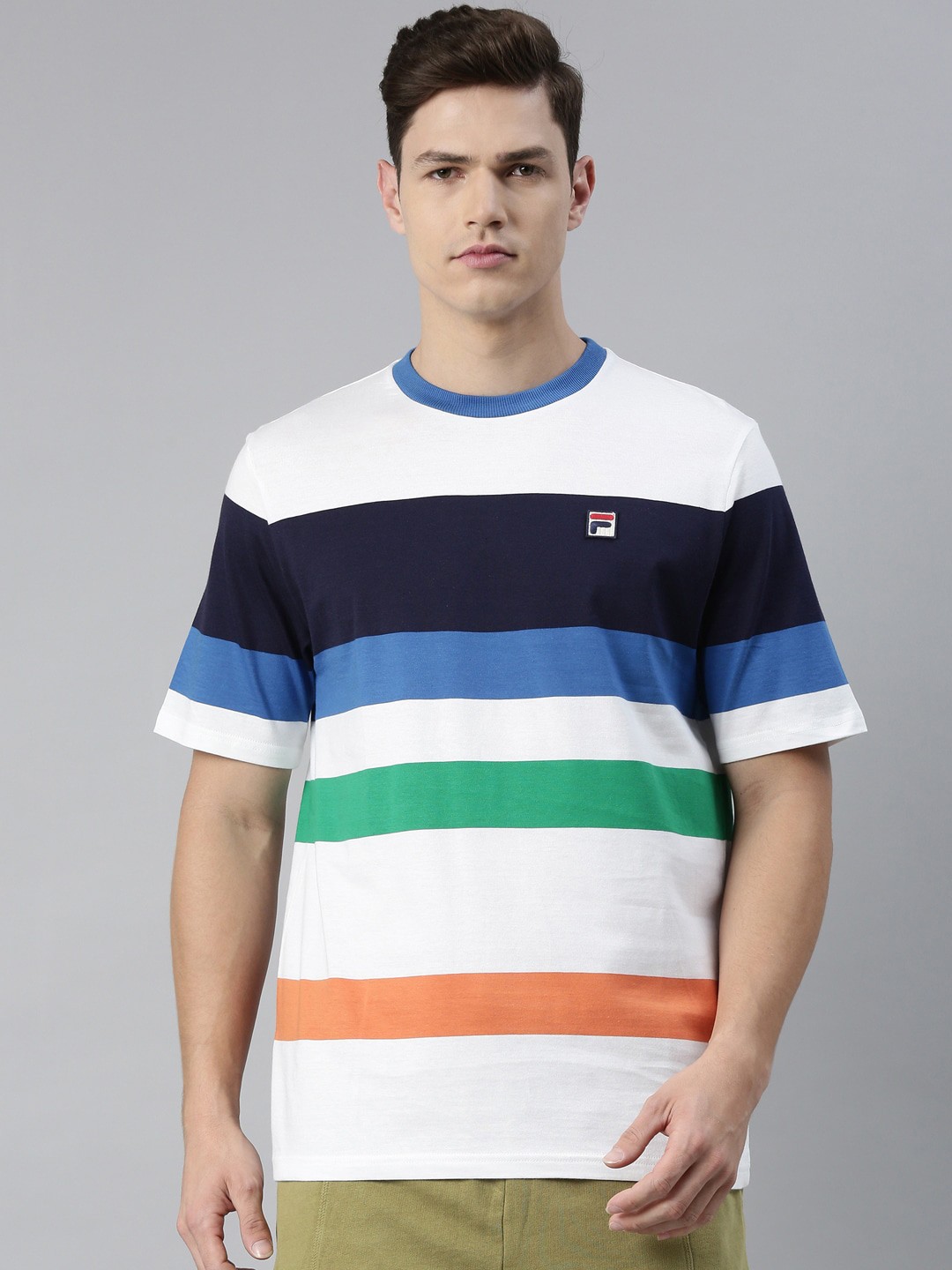 

FILA Men White & Blue Striped Pure Cotton T-shirt