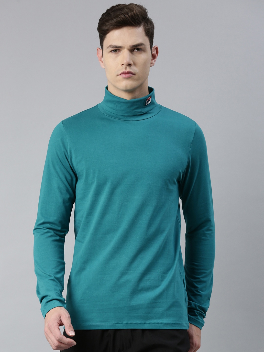 

FILA Men Teal High Neck Pure Cotton T-shirt