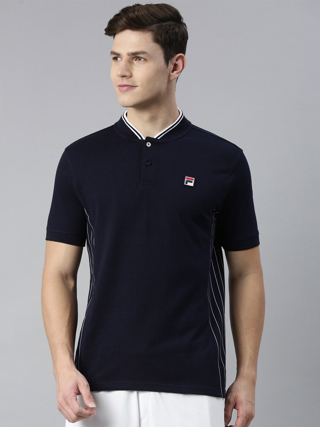 

FILA Men Blue Henley Neck Pure Cotton T-shirt