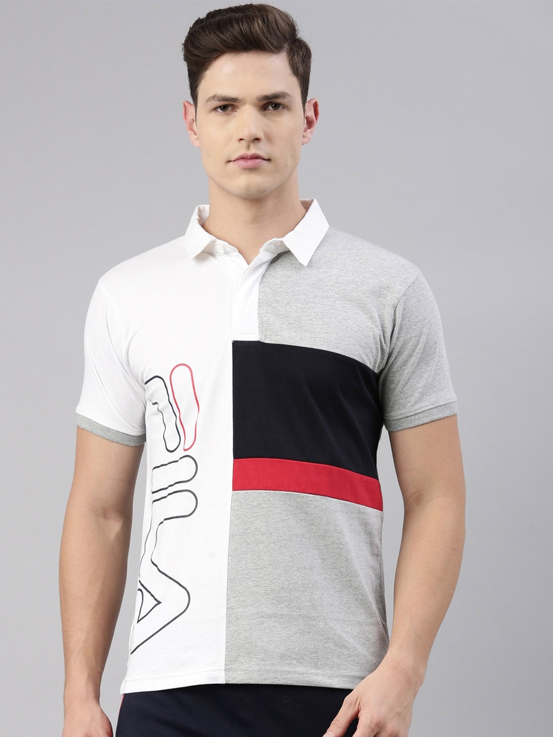

FILA Men Grey & White Colourblocked Polo Collar Pure Cotton T-shirt