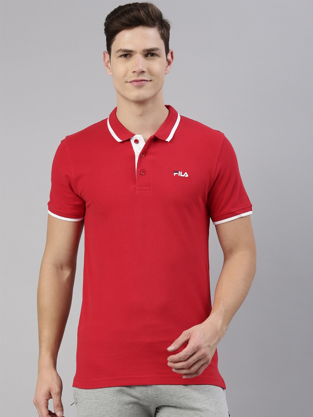 

FILA Men Red Polo Collar Pure Cotton T-shirt