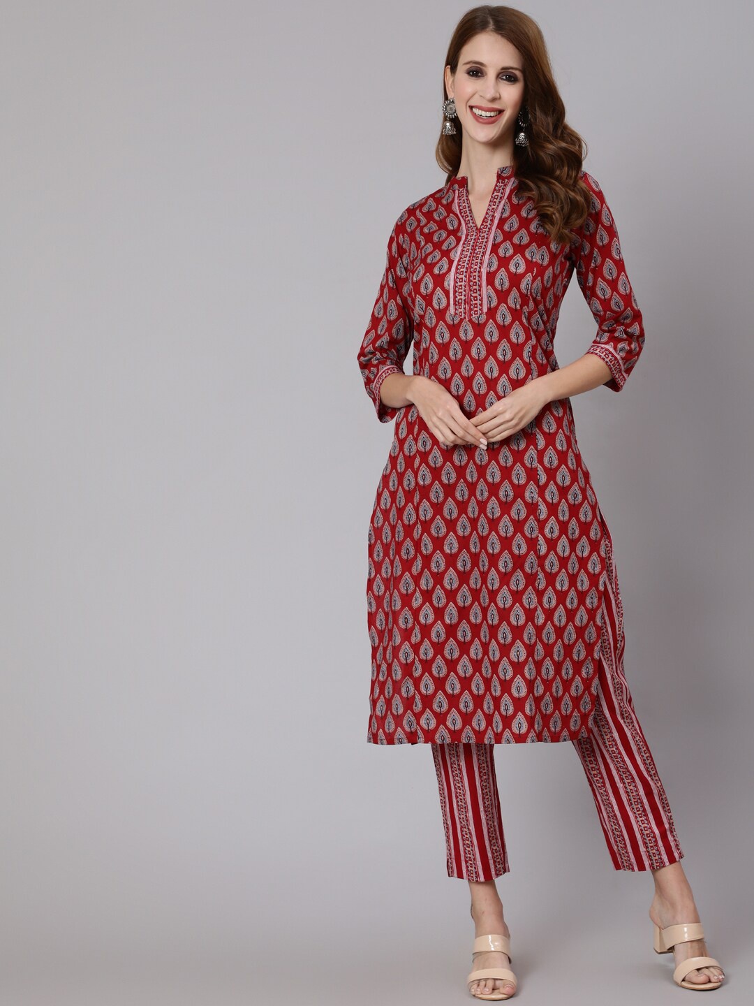 

antaran Women Maroon Ethnic Motifs Printed Pure Cotton Kurta Set