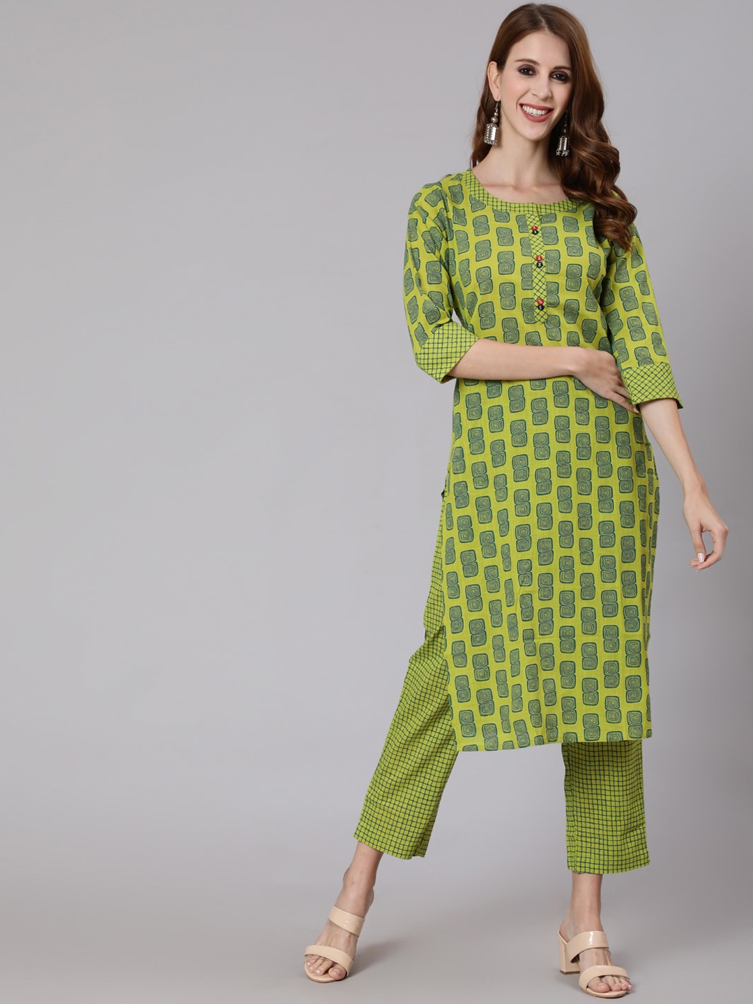 

antaran Women Lime Green & Blue Printed Pure Cotton Kurta with Trousers