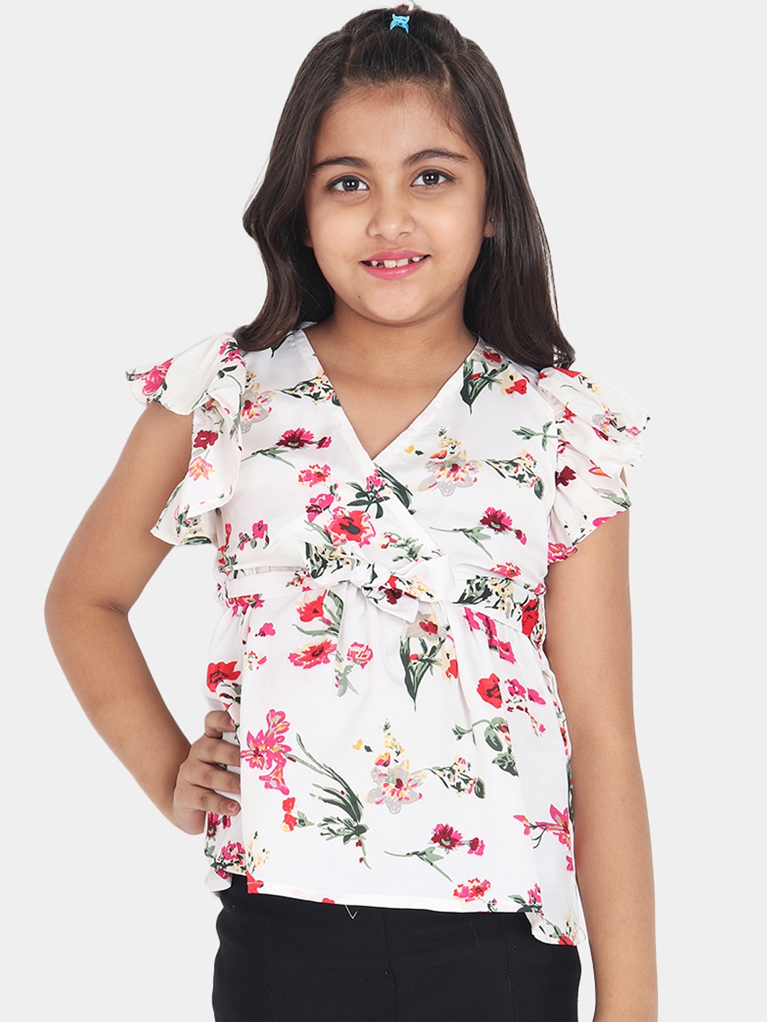 

YK Girls White & Pink Floral Print Wrap Top