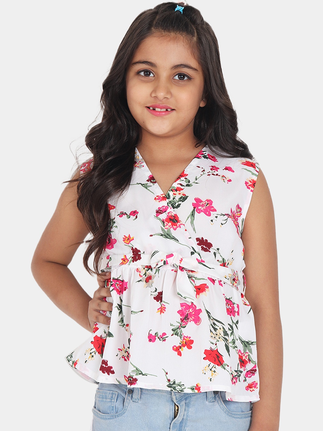 

YK Girls White & Pink Floral Print Crepe Wrap Peplum Top