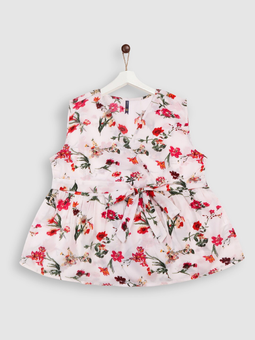 

YK Girls White & Pink Floral Print Wrap Top