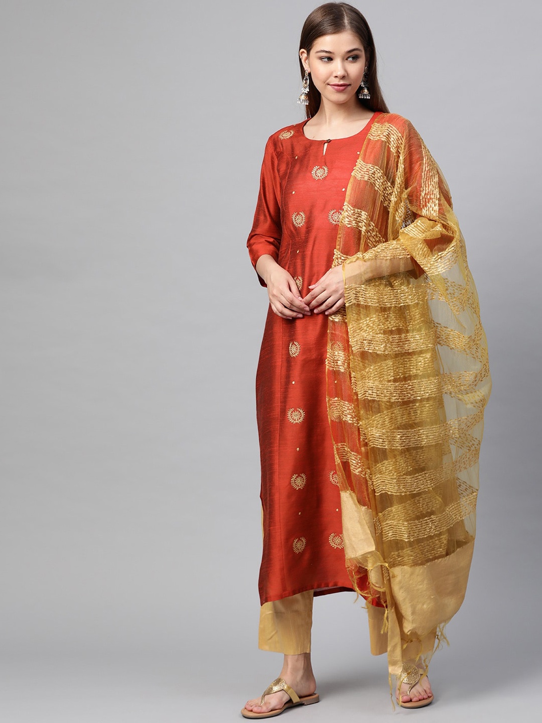 

Varanga Women Rust Ethnic Motifs Kurta with Trousers & With Dupatta