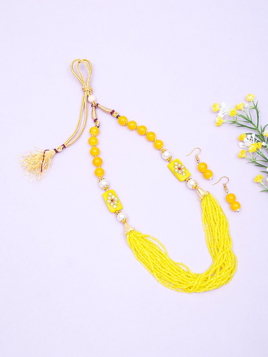 

Golden Peacock Gold-Toned & Yellow Beads Beaded Multistrand Jewellery Set