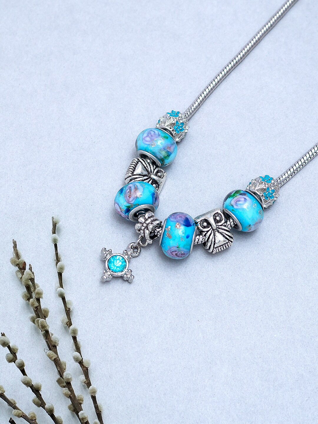 

Golden Peacock Blue & Silver-Toned Beaded Necklace