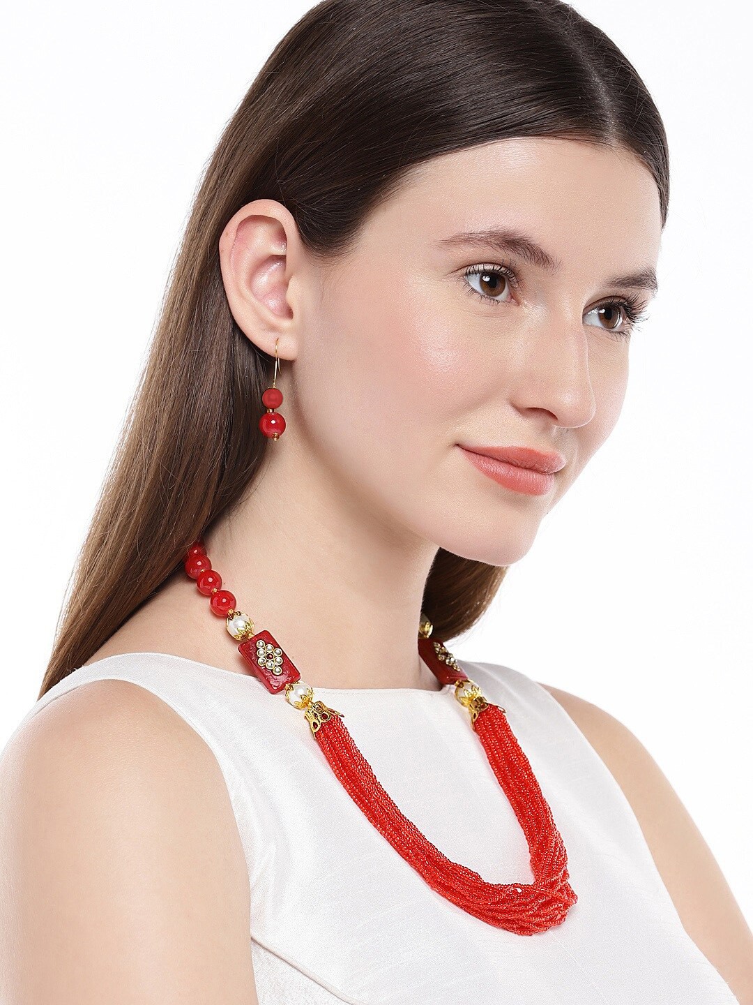 

Golden Peacock Gold-Toned & Red Beads Beaded Multistrand Jewellery Set