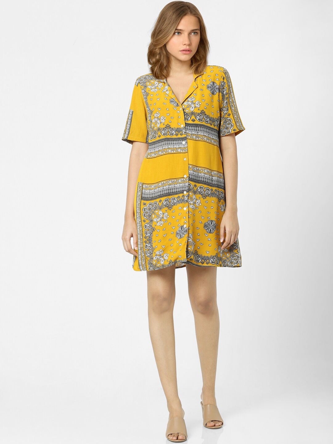 

ONLY Women Yellow Floral Printed Shirt Mini Dress
