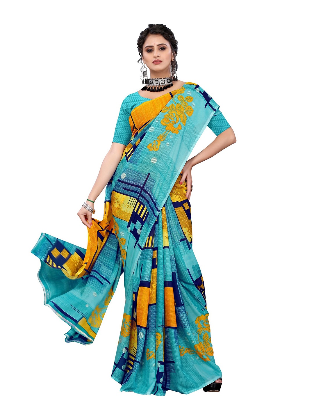 

Yashika Teal & Yellow Geometric Printed Poly Georgette Saree