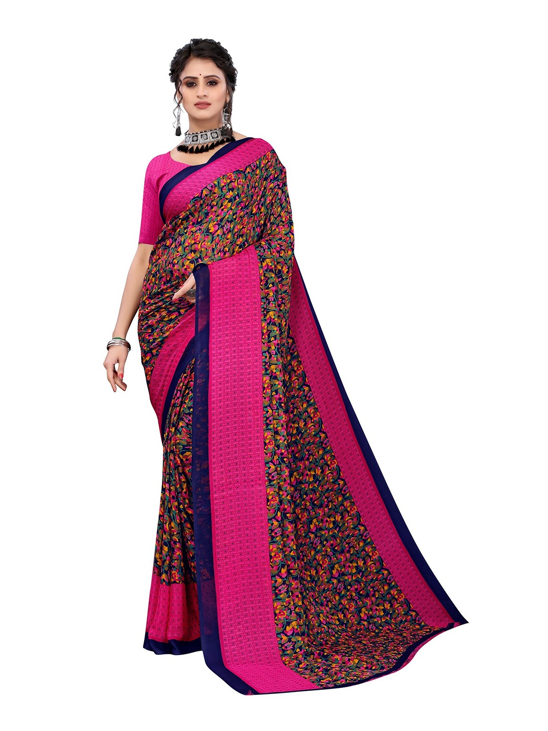 

Yashika Pink & Rose Gold Floral Georgette Printed Saree