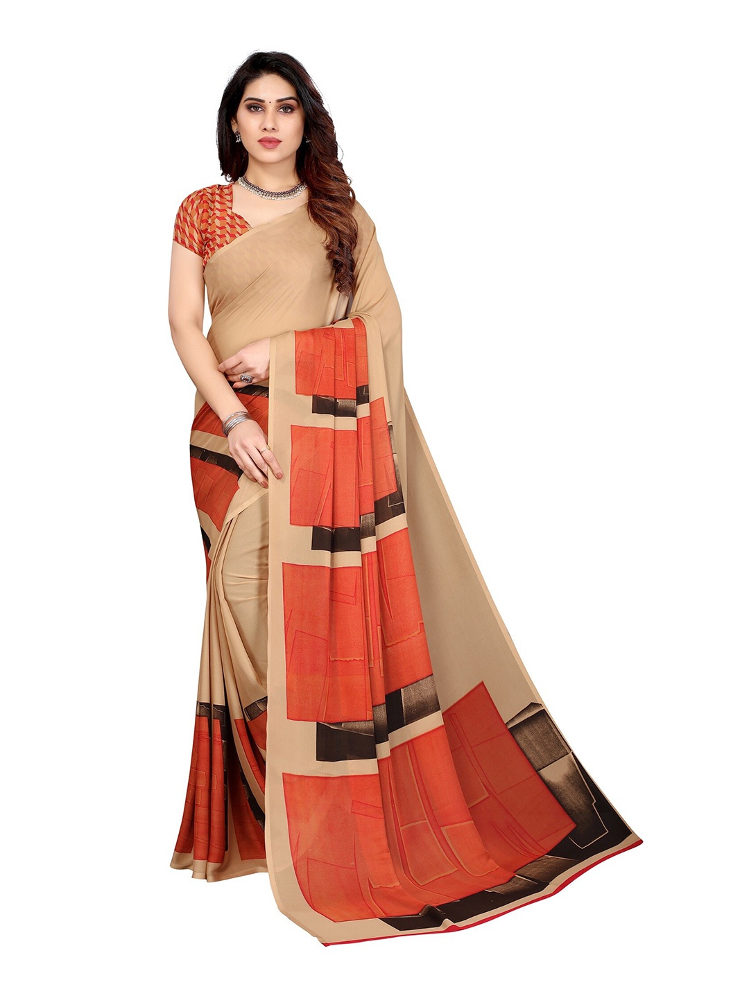 

Yashika Gold & Orange Colourblocked Saree