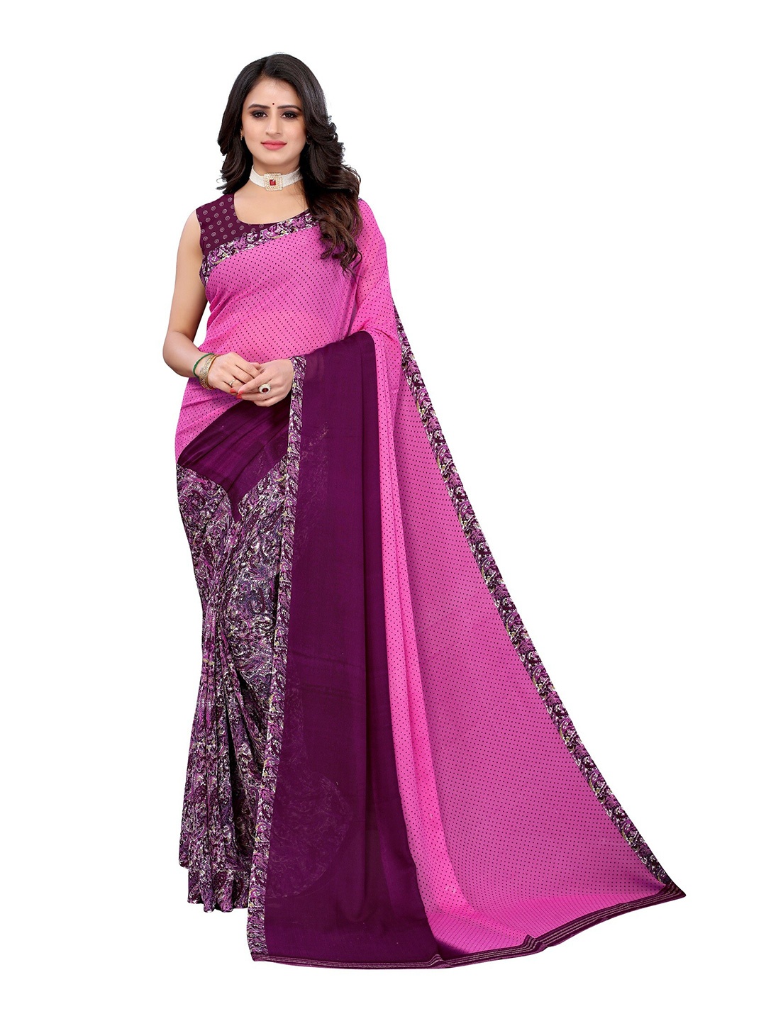 

Yashika Purple & Pink Floral Half and Half Georgette Printed Saree