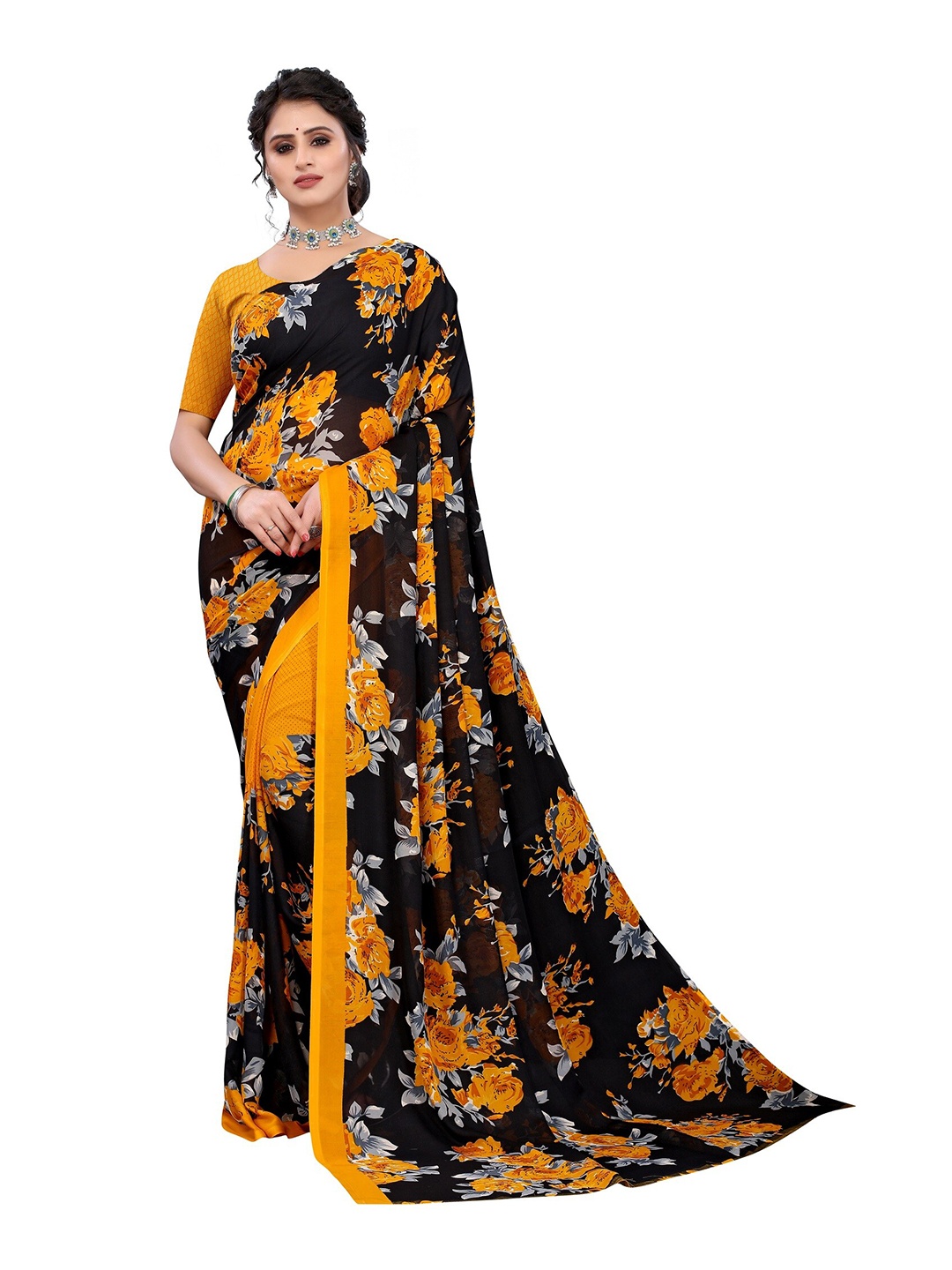 

Yashika Black & Yellow Floral Printed Poly Georgette Saree