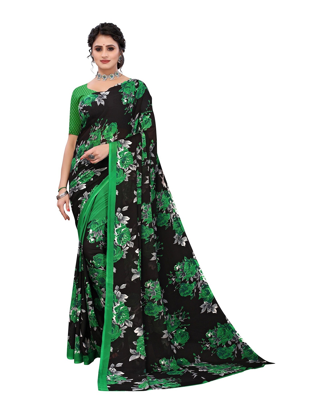 

Yashika Green & Black Floral Printed Poly-Georgette Saree