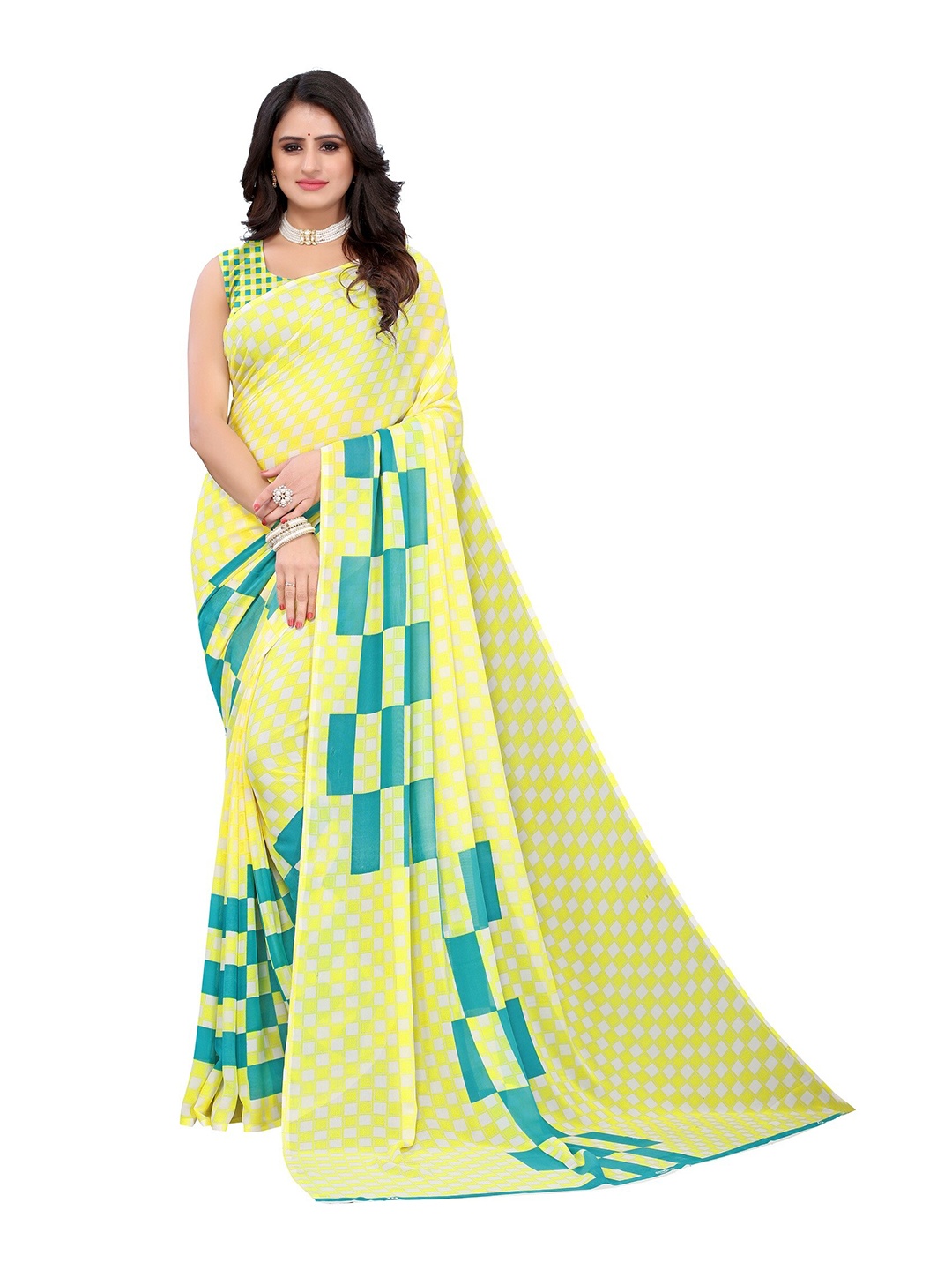 

Yashika Yellow & Green Georgette Printed Saree