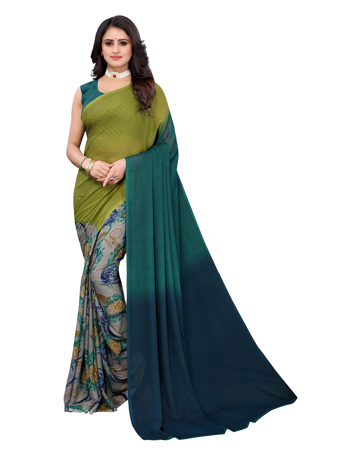 

Yashika Green & Blue Printed Saree