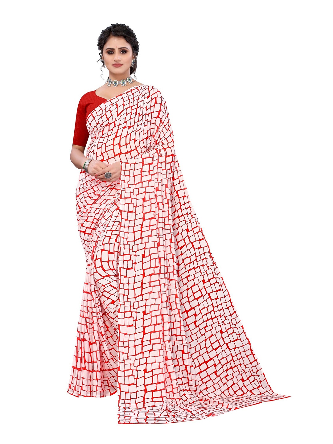 

Yashika Red & Off White Georgette Printed Saree