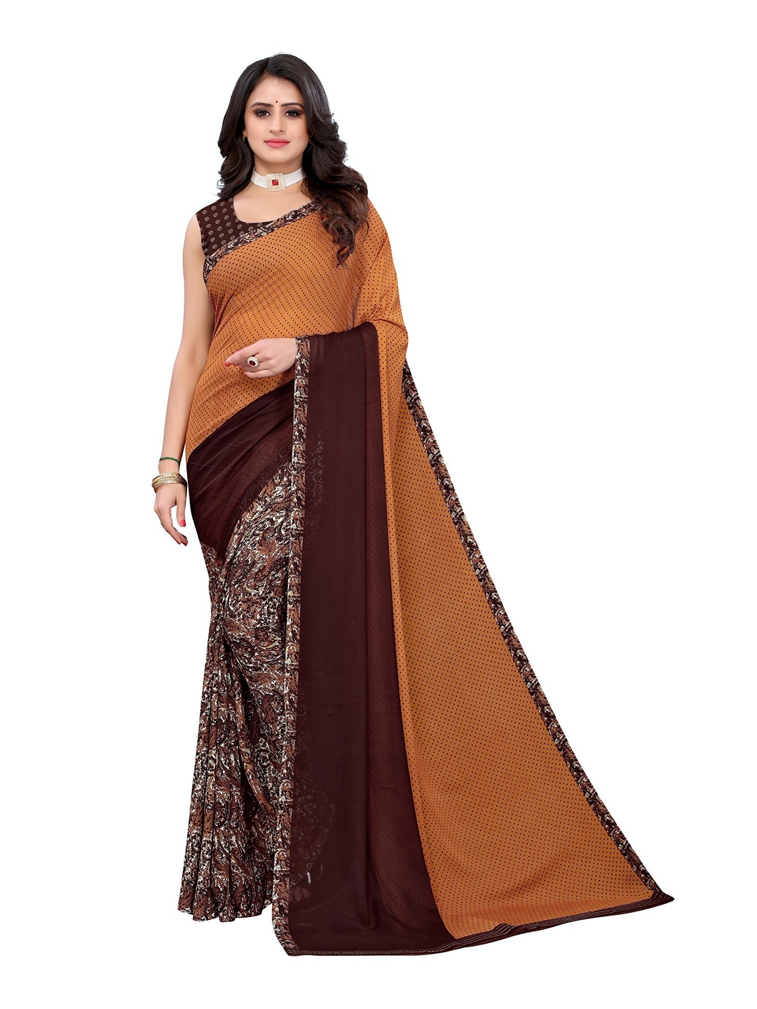 

Yashika Orange & Brown Floral Printed Poly-Georgette Saree