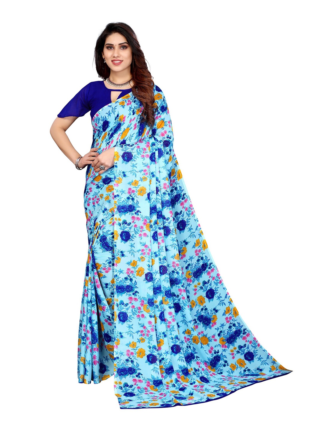 

Yashika Blue & Orange Floral Georgette Printed Saree