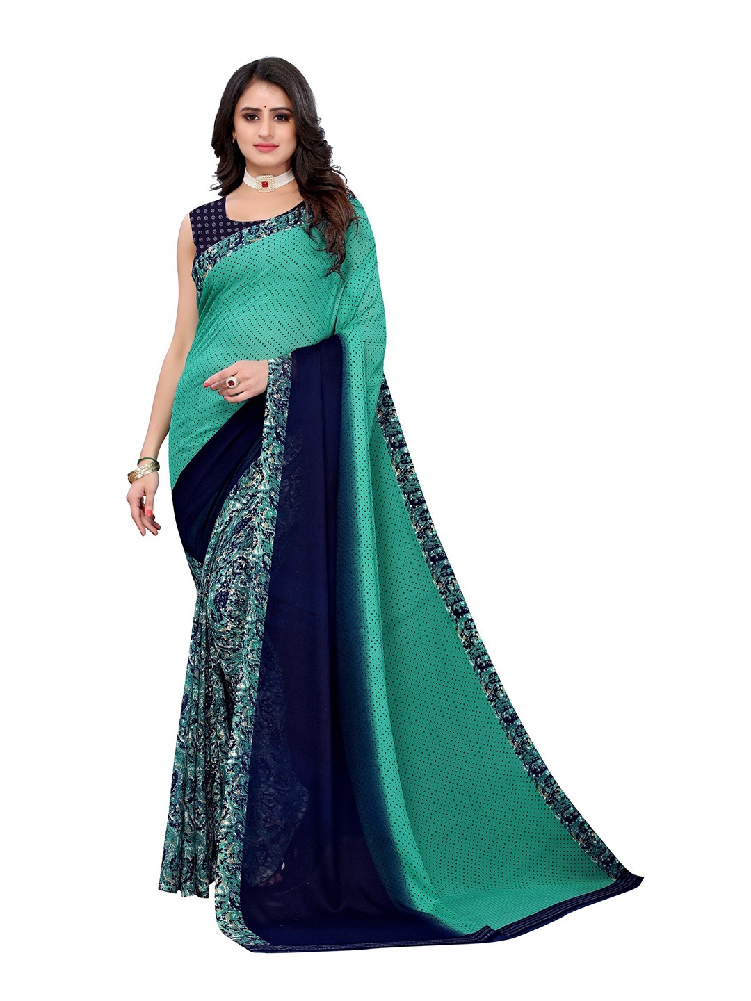 

Yashika Green & Navy Blue Printed Half and Half Saree