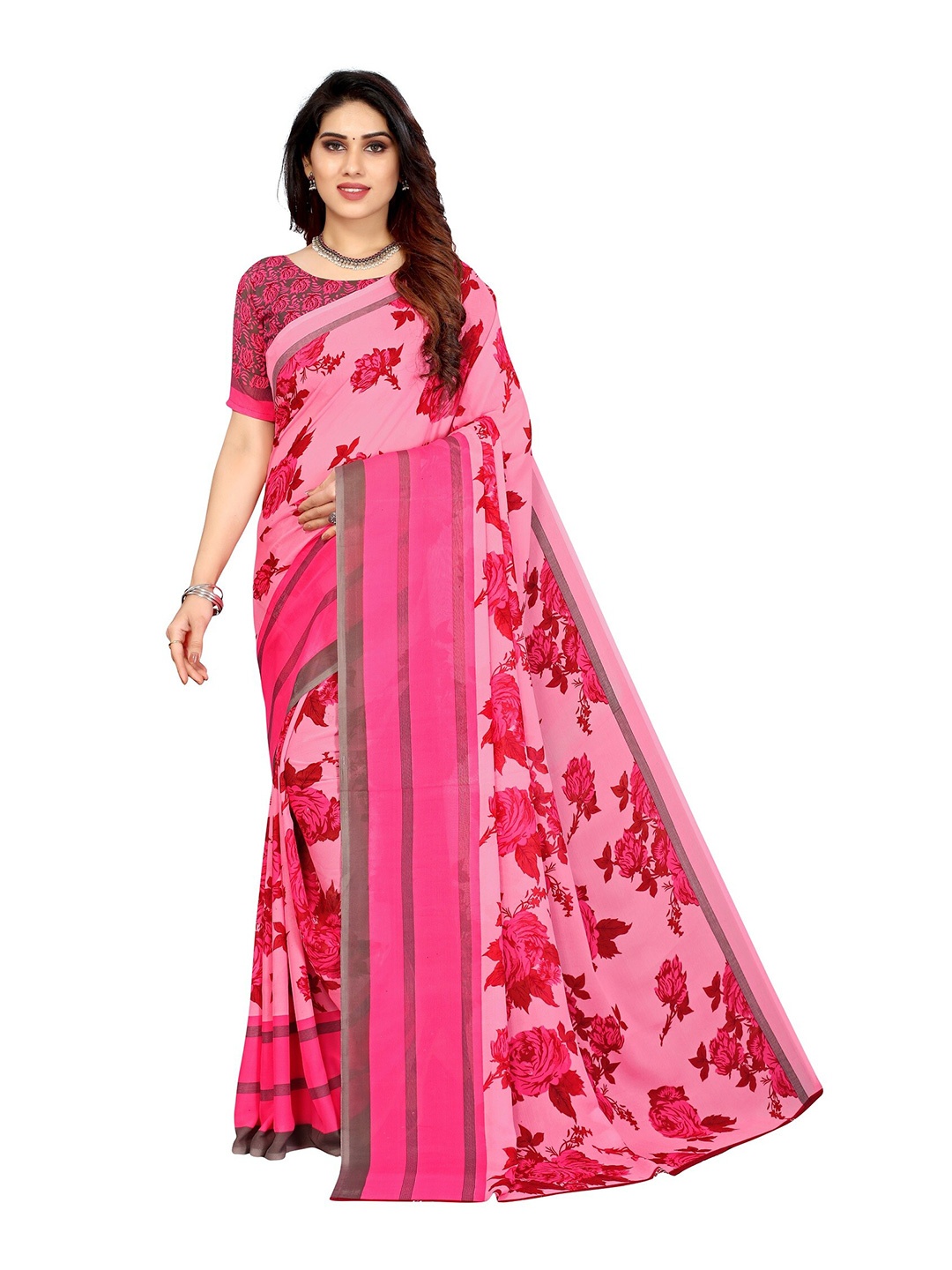

Yashika Pink & Red Floral Georgette Printed Saree
