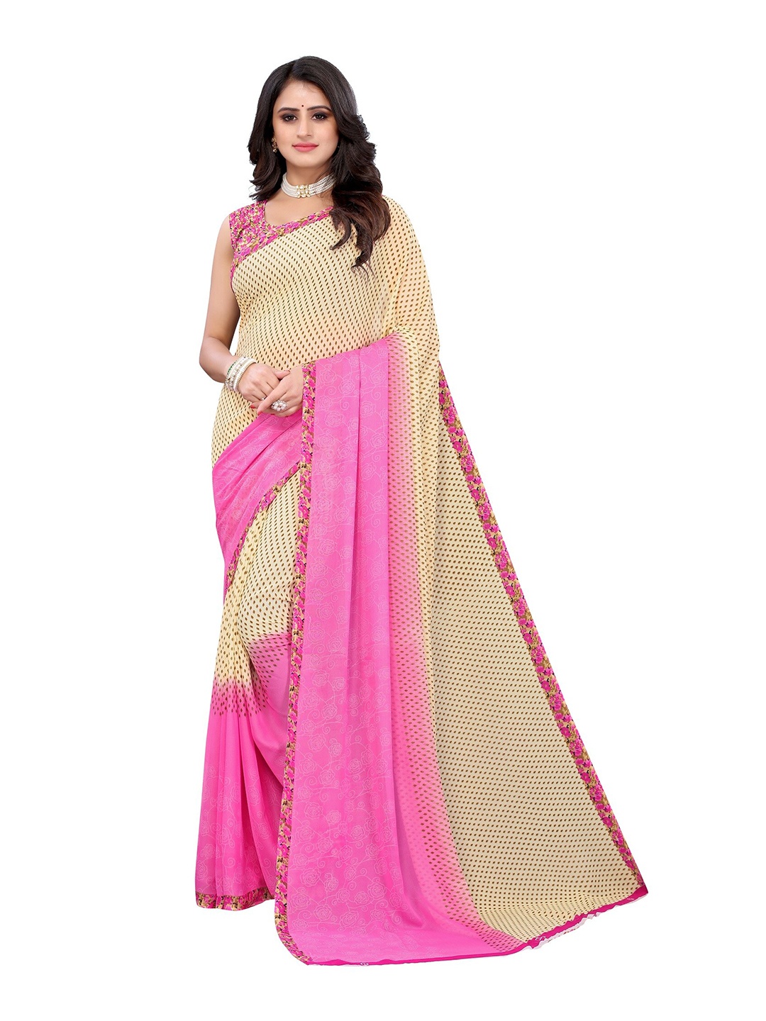 

Yashika Pink & Beige Floral Printed Poly-Georgette Saree