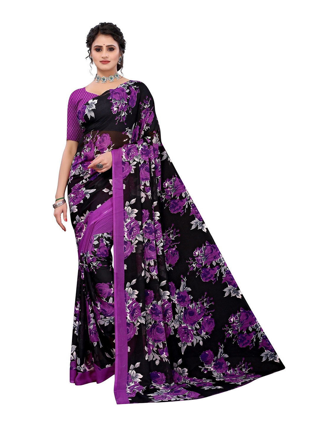 

Yashika Purple & Black Floral Printed Saree