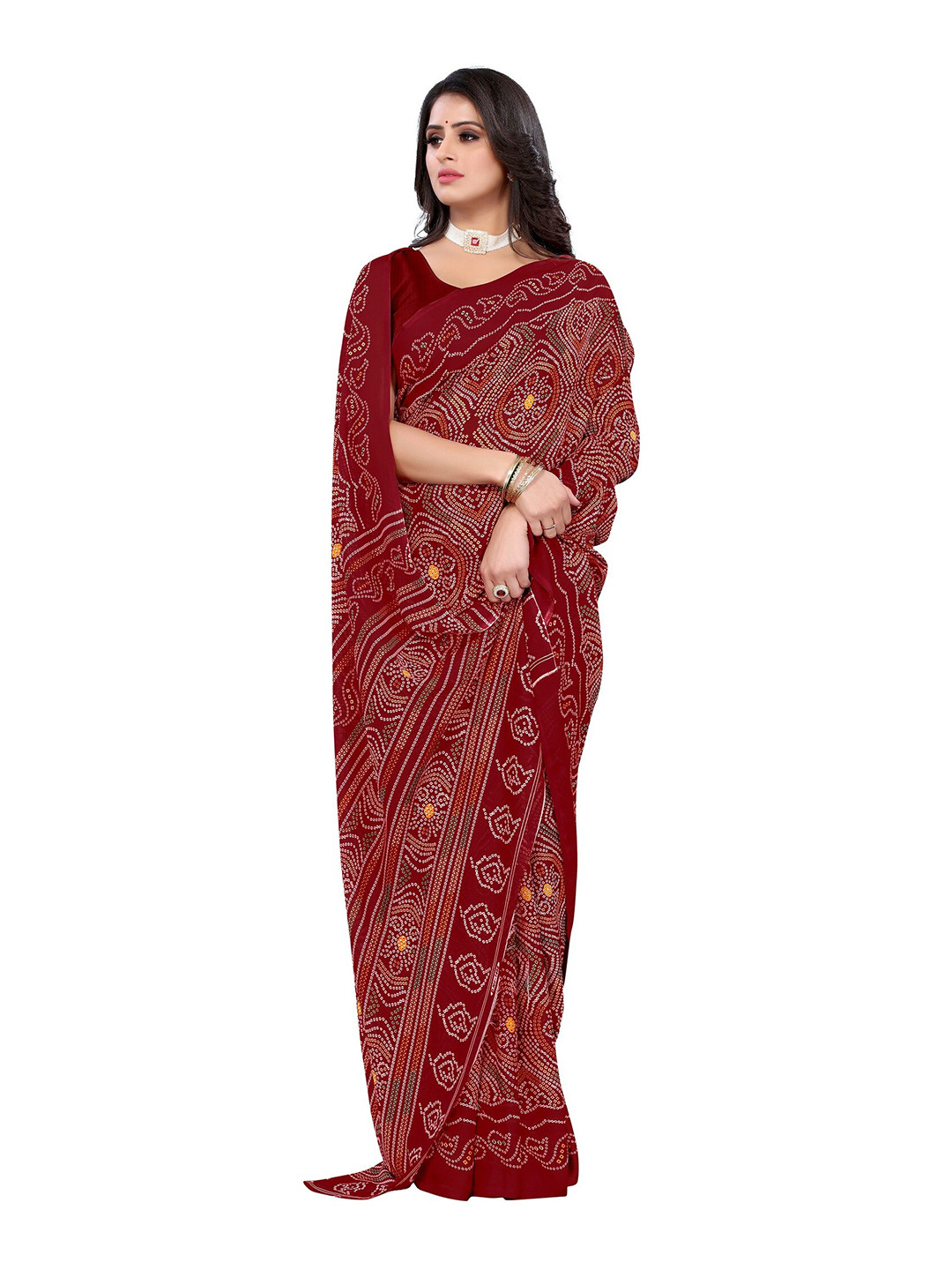 

Yashika Red & Maroon Floral Printed Poly Georgette Saree