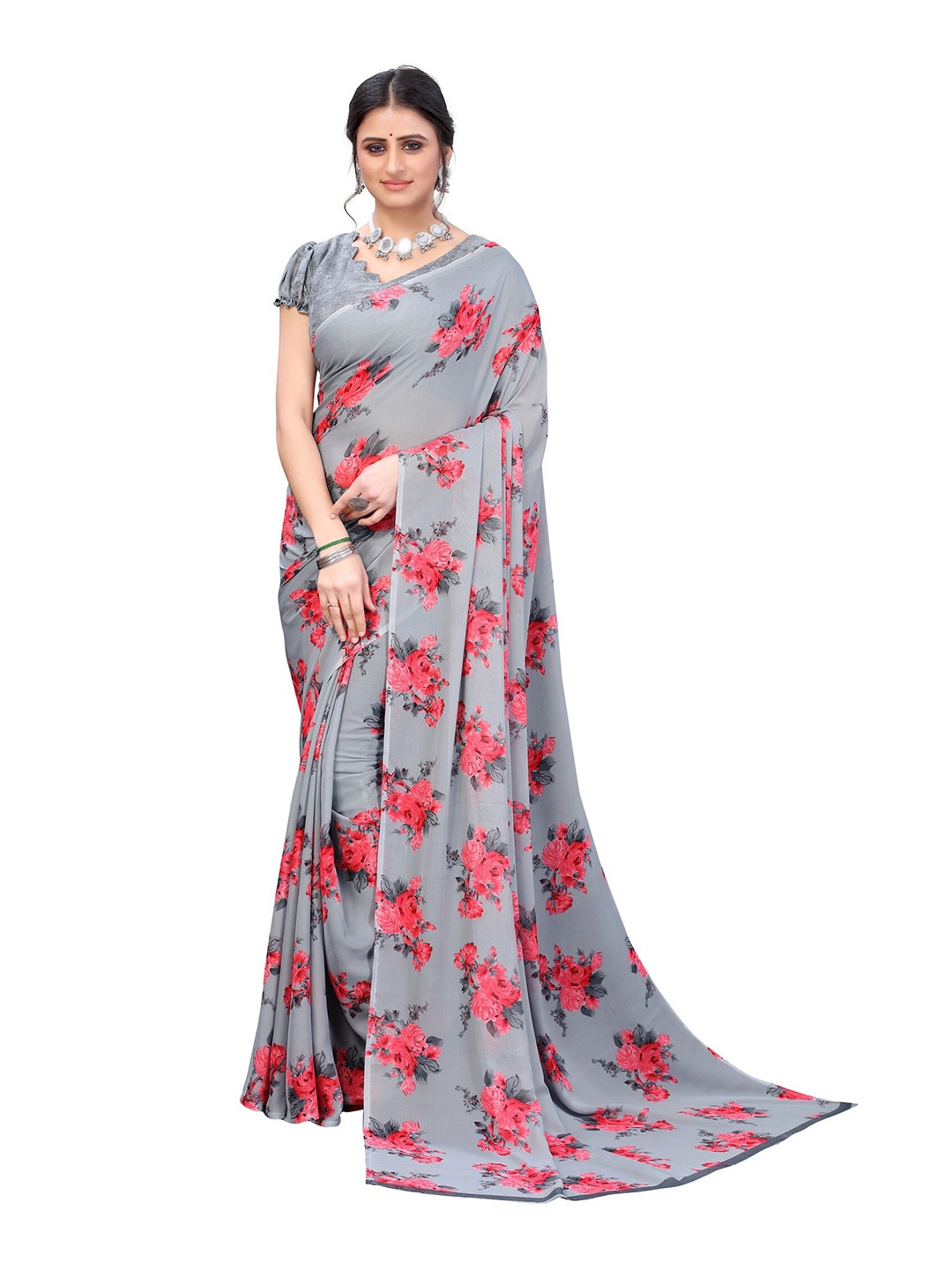 

Yashika Grey & Pink Floral Printed Poly Georgette Saree
